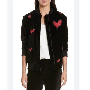 Alice + Olivia Embroidered Heart Velvet Velour Bomber Jacket Black - Small